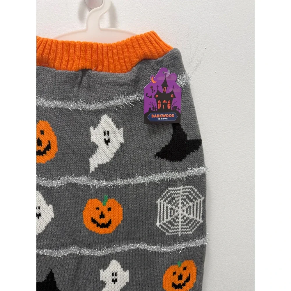 Barkwood Manor Halloween Dog Sweater XL Grey Orange Ghost Pumpkin Knit